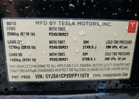 2013 Tesla Model S из США, поврежденный, VIN 5YJSA1CP2DFP11579